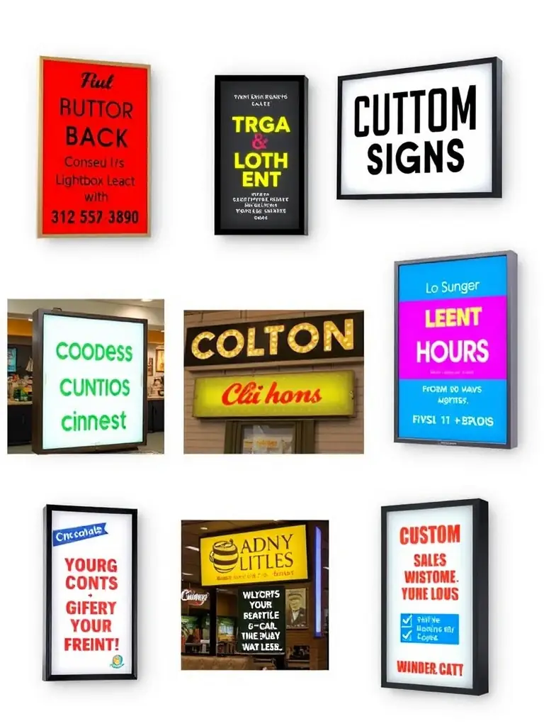 A variety of lightbox signs with different custom designs and shapes, showcasing the versatility and customization options available to clients. The signs are displayed in various business settings.