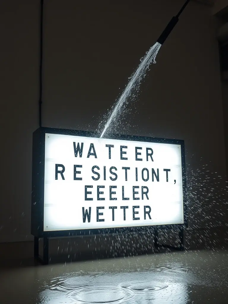 Image of a lightbox sign undergoing a water resistance test, with water being sprayed on it to demonstrate its weatherproof capabilities. The sign remains lit and undamaged.