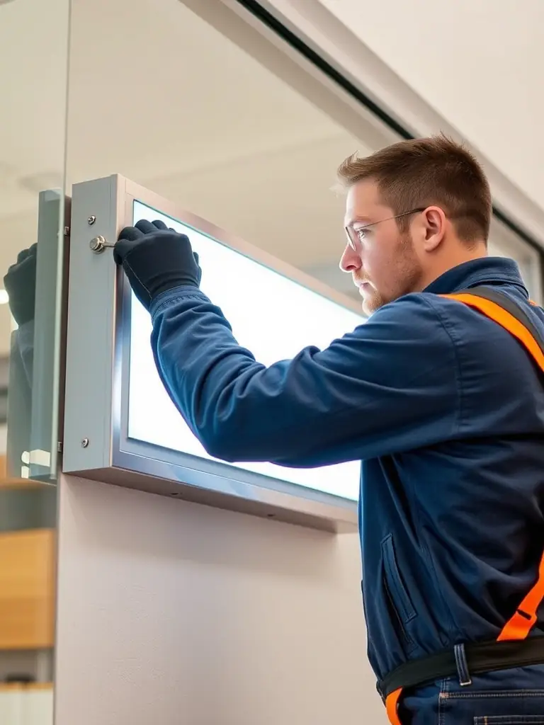 A technician easily installing a lightbox sign using simple tools, highlighting the ease of installation and user-friendly design. The sign is being mounted on a storefront wall.