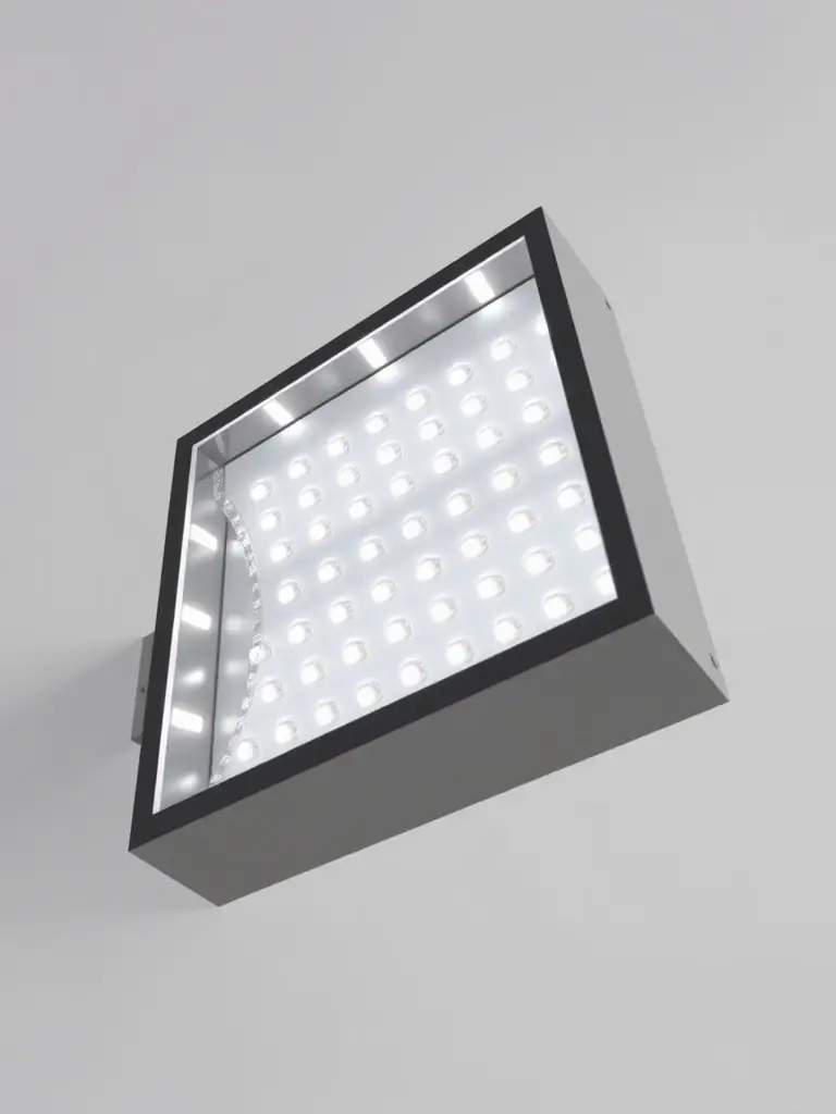 A cross-sectional view of a lightbox sign, revealing the internal LED lighting system and its even light distribution. The image emphasizes the energy efficiency and brightness of the LEDs.